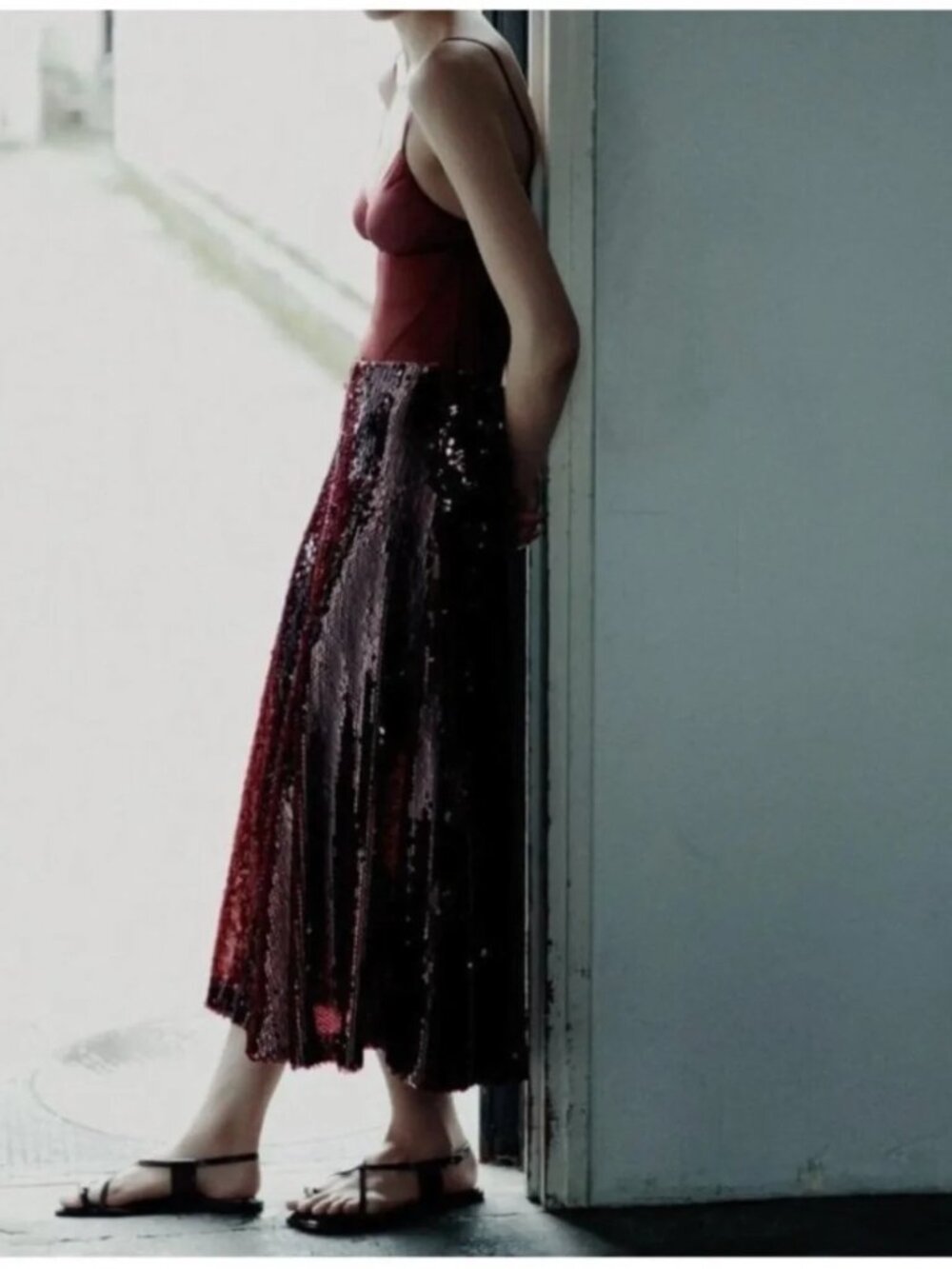 New Zara Sequin Red Burgundy Midi Skirt Large NWT